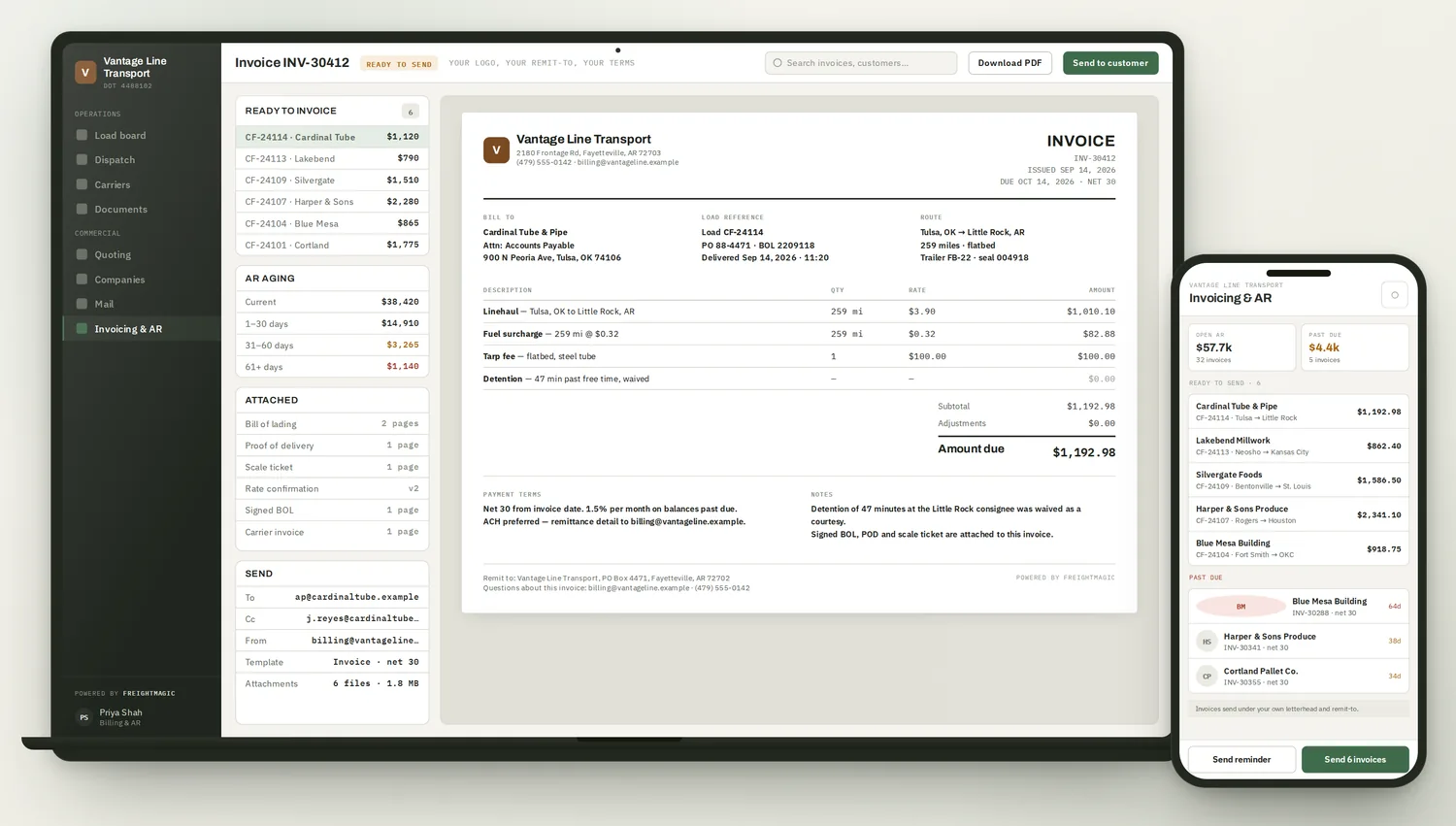A FreightMagic invoice going out under the carrier's own letterhead and remit-to