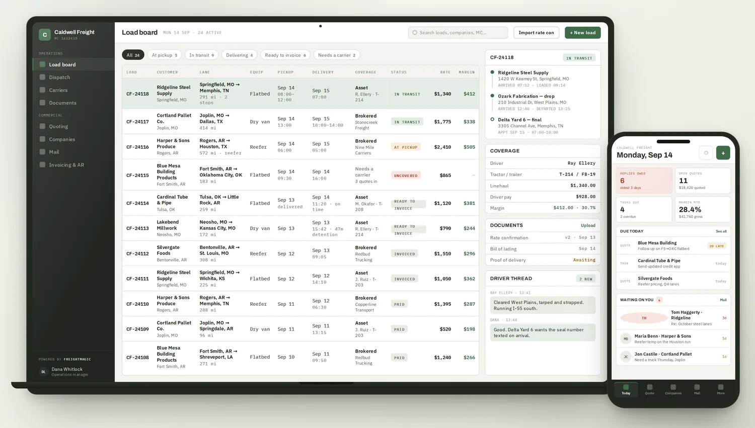 FreightMagic load board on desktop with the daily view on a phone