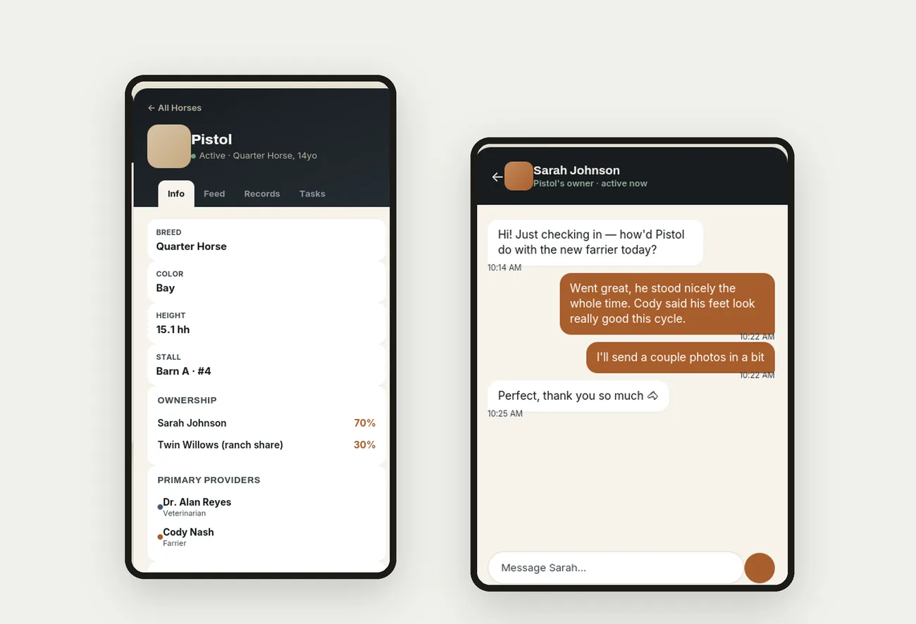 RanchStack horse profile and owner messaging on mobile
